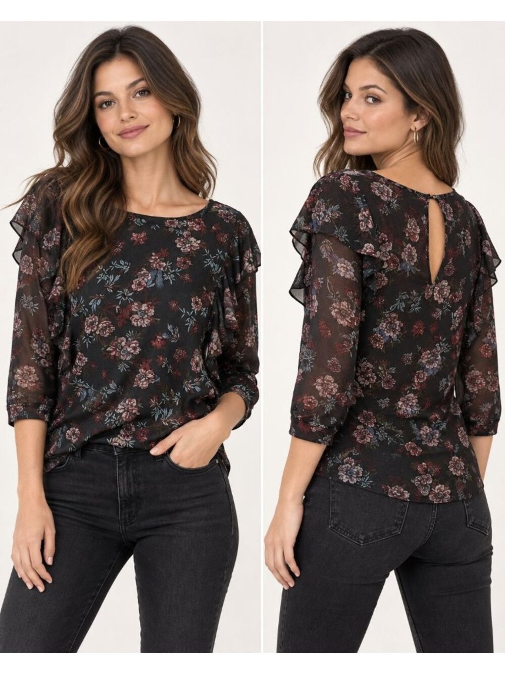 Free People Womens Dock Street Black & Red Boho Floral Ruffle Top Size Large